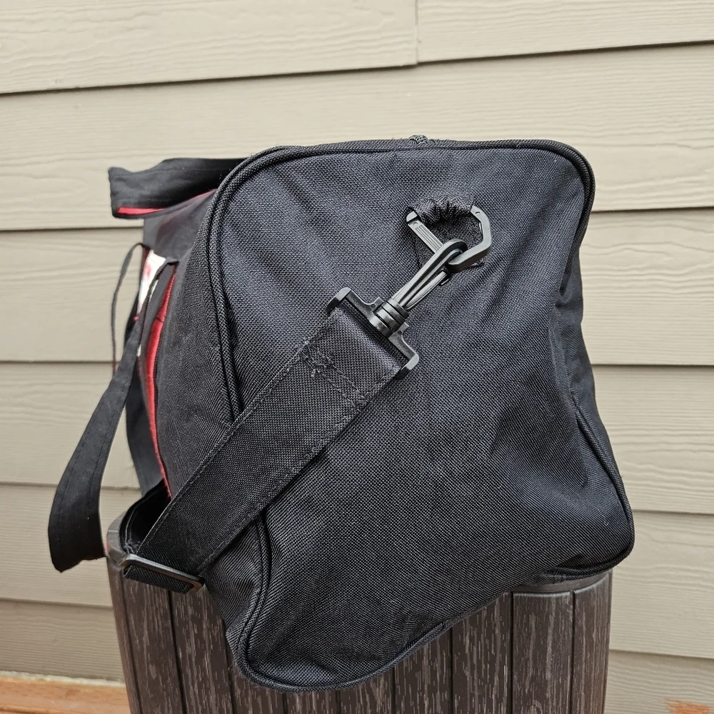 True Religion Duffle Bag Black Red Zip Top Travel Weekender Bag Lightweight